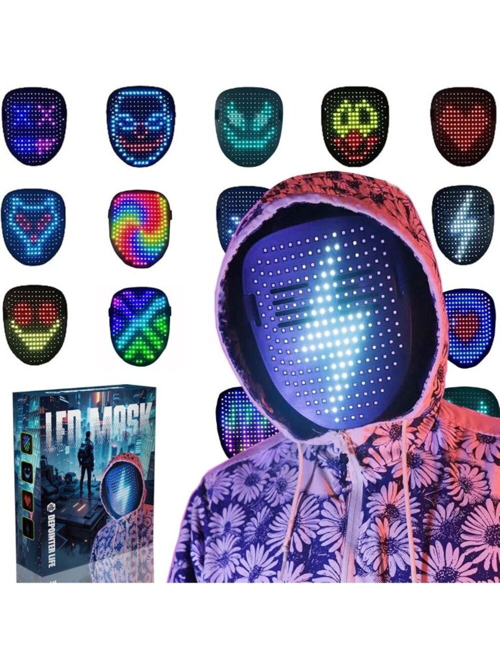 LED Light-Up Face Mask for Kids & Adults | Cool Halloween & Cosplay Gift, USB-C